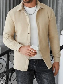 Manfinity CasualCool 男士长袖翻领衬衫，纯色抓绒卡其色休闲上衣，秋冬季，男友礼物；男士针织纽扣米色衬衫，休闲香槟色，复古绅士风，适合日常休闲、周末旅行、户外活动、探险旅行、轻松的工作环境或半正式场合，男友/丈夫礼物，周年纪念/生日礼物，派对、圣诞节、新年、婚礼礼物 - 卡其色 - 查看 5