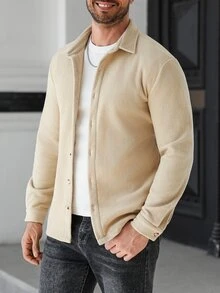Manfinity CasualCool 男士长袖翻领衬衫，纯色抓绒卡其色休闲上衣，秋冬季，男友礼物；男士针织纽扣米色衬衫，休闲香槟色，复古绅士风，适合日常休闲、周末旅行、户外活动、探险旅行、轻松的工作环境或半正式场合，男友/丈夫礼物，周年纪念/生日礼物，派对、圣诞节、新年、婚礼礼物 - 卡其色 - 查看 4