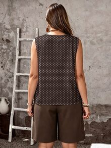 SHEIN CURVE+ Plus Size Vintage Brown Polka Dot Print Tank Top And Shorts 2 Pieces Set For Women, Suitable For Summer - Multicolor - View 2
