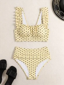 Swim Basics 2pcs Women's Yellow Summer Cute Beach Holiday Polka Dot Ruffle Strap Pleated Front Top And High Waist Ruched Triangle Bottoms Elegant Vacation Set - Light Yellow - View 5