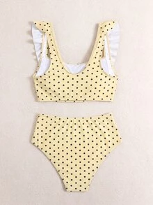 Swim Basics 2pcs Women's Yellow Summer Cute Beach Holiday Polka Dot Ruffle Strap Pleated Front Top And High Waist Ruched Triangle Bottoms Elegant Vacation Set - Light Yellow - View 3