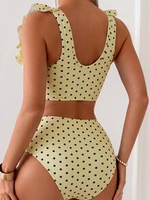 Swim Basics 2pcs Women's Yellow Summer Cute Beach Holiday Polka Dot Ruffle Strap Pleated Front Top And High Waist Ruched Triangle Bottoms Elegant Vacation Set - Light Yellow - View 2