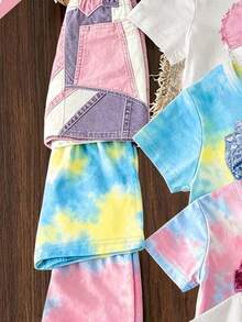 SHEIN (5套隨機選1套，發貨1套) 夏季女嬰創意個性印花基本款短版上衣+短褲套裝，適合夏季日常休閒、外出與聚會 - 彩色 - 查看 4