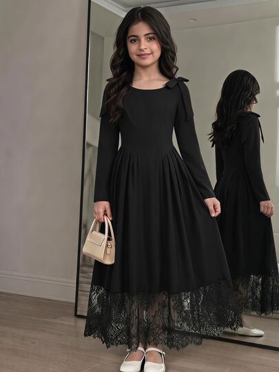 SHEIN Kids Tween Girl Spring/Autumn/Winter Casual Elegant Fashion New Black Shoulder Bow Decor Contrast Long Sleeve Long Dress, Daily Wear, Outing/ Dress