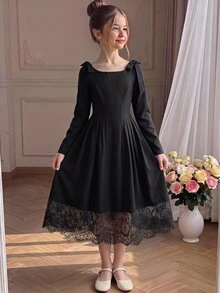 SHEIN 兒童青少年女孩春秋冬季休閒優雅時尚新款黑色肩部蝴蝶結裝飾對比色長袖長洋裝，日常穿著，外出/洋裝 - 黑色 - 查看 5
