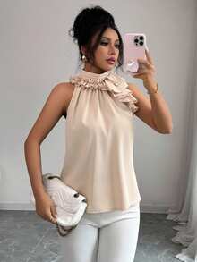 Balvessa Ruched Sleeveless Blouse, Intellectual And Elegant - Apricot - View 3