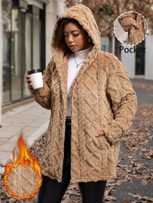 Reflora Plus Size Women's Long Sleeve Zip-Up Plush Hooded Jacket - Brown - View 10