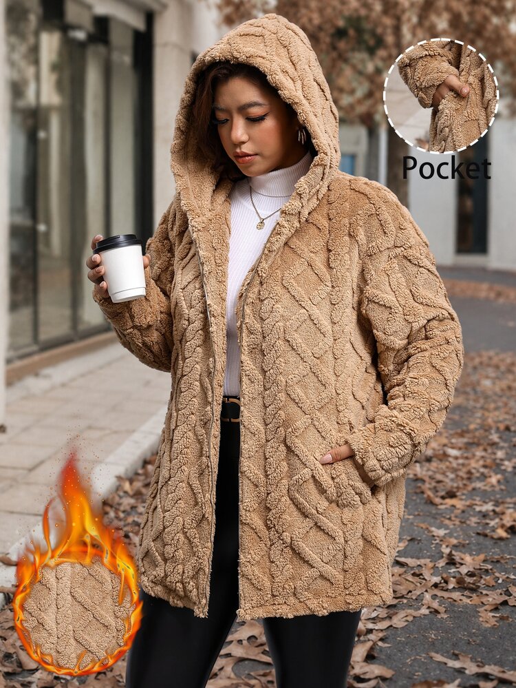 Reflora 大尺碼女款長袖拉鍊開襟毛絨連帽外套 - 棕色 - 查看 9
