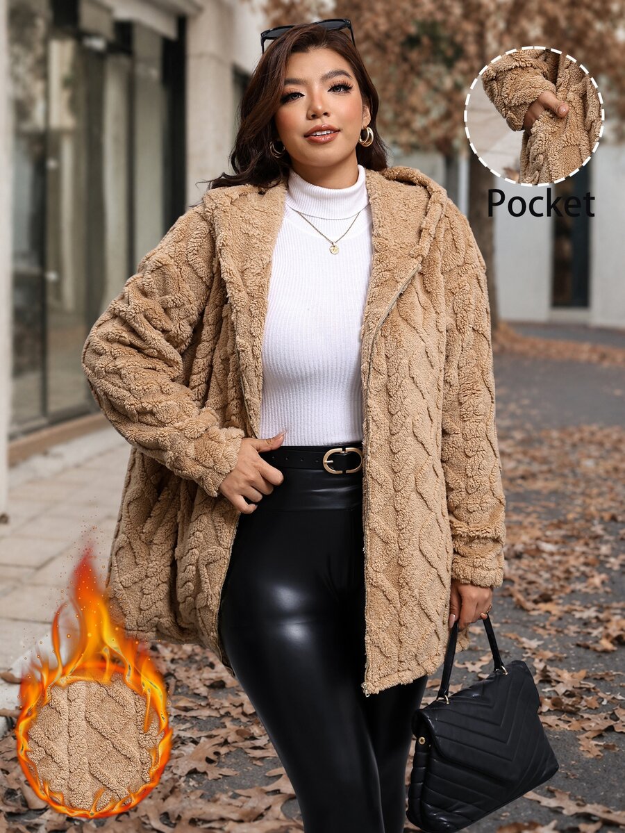 Reflora Plus Size Women's Long Sleeve Zip-Up Plush Hooded Jacket