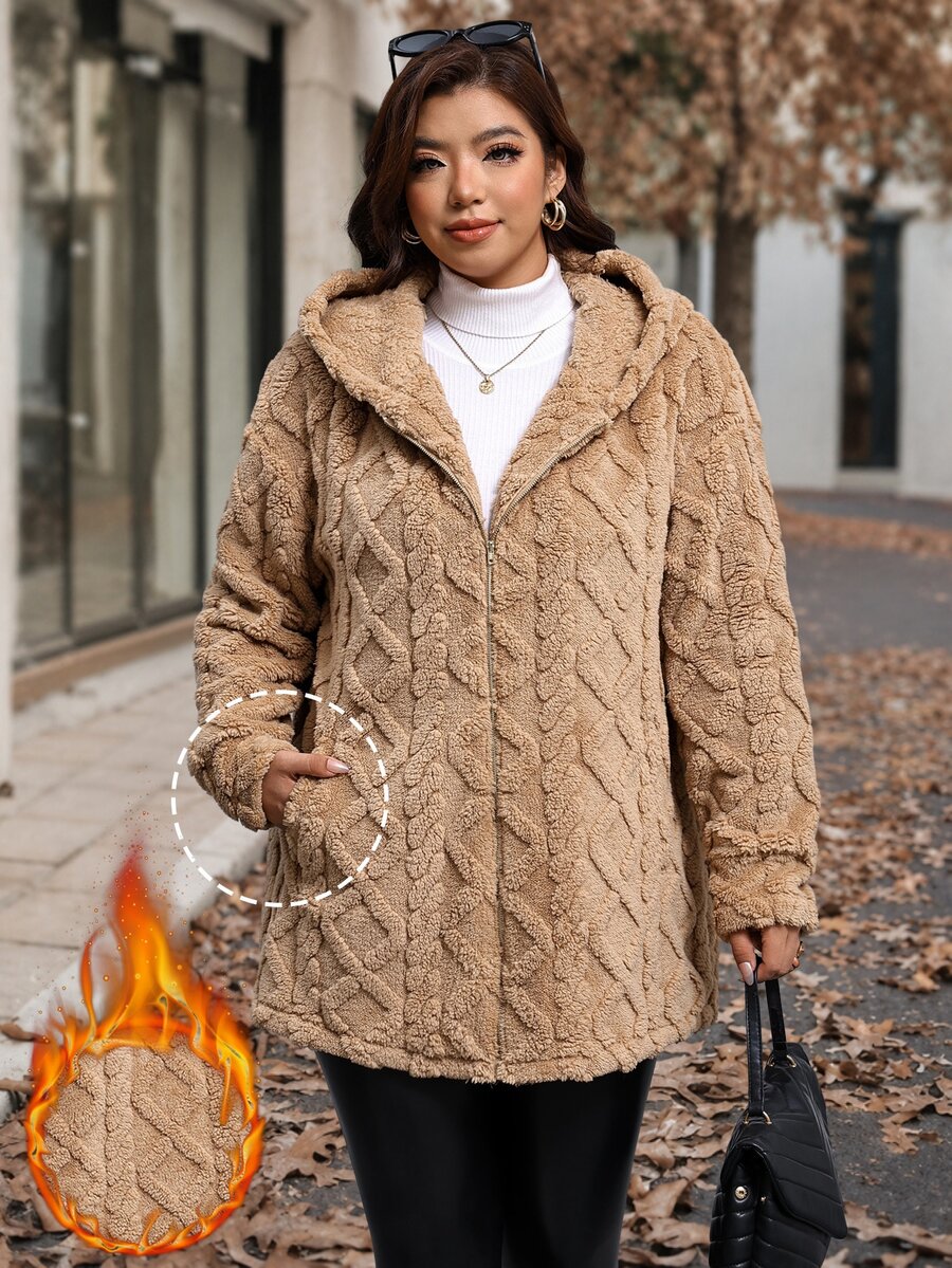 Reflora Plus Size Women's Long Sleeve Zip-Up Plush Hooded Jacket