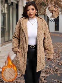 Reflora Plus Size Women's Long Sleeve Zip-Up Plush Hooded Jacket - Brown - View 9