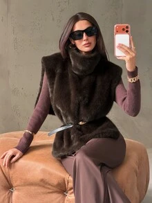 Aloruh Women's Elegant High Neck Pullover Faux Fur Vest With Belt,Women Fur Coat,Women Winter Coat,Winter Winter Outwear,Cozy,Winter Outfit For Women - Brown - View 6