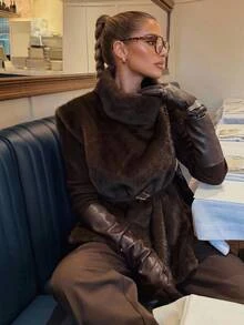 Aloruh Women's Elegant High Neck Pullover Faux Fur Vest With Belt,Women Fur Coat,Women Winter Coat,Winter Winter Outwear,Cozy,Winter Outfit For Women - Brown - View 3