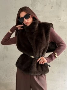 Aloruh Women's Elegant High Neck Pullover Faux Fur Vest With Belt,Women Fur Coat,Women Winter Coat,Winter Winter Outwear,Cozy,Winter Outfit For Women - Brown - View 5