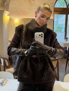 Aloruh Women's Elegant High Neck Pullover Faux Fur Vest With Belt,Women Fur Coat,Women Winter Coat,Winter Winter Outwear,Cozy,Winter Outfit For Women - Brown - View 2