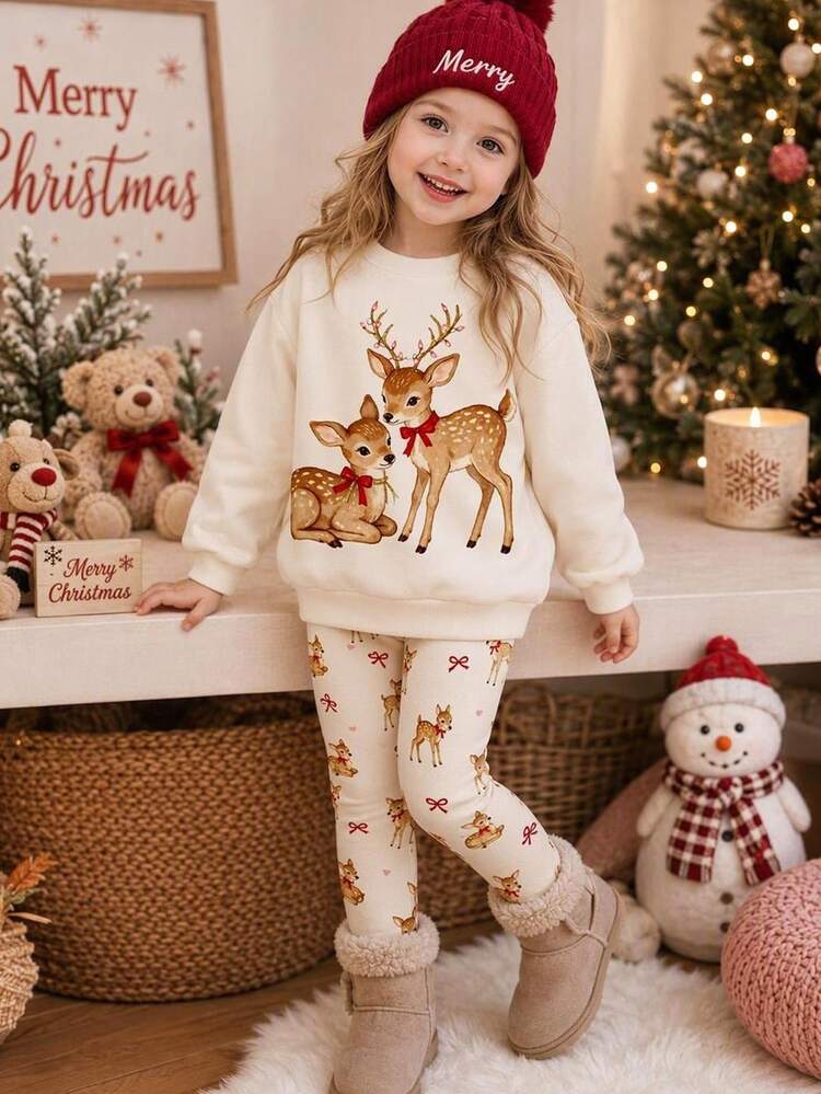 Light Apricot, Cute Sweet Vintage Girl Fairy Tale Mori Style Elegant Deer , Bowknot Reindeer Illustration Print Pattern, Girls Casual Simple Fleece Crew Neck Pullover Sweatshirt & Brushed Leggings Two Pieces Set New Outfit Suitable For Autumn/Winter Daily Wear, Outings, School, Holiday Photos, Vacations, Christmas Atmosphere, Autumn/Winter New Arrivals, Warm Winter Outfit - Multicolor - View 4