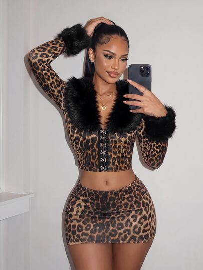 Amplova Women's Leopard Print & Fur Trim 2-Piece Set, Sexy Avant-Garde Ultra Low Waist Skirt, Fur Trim Cuffs, Fitted Button-Front Top, Suitable For Date Night