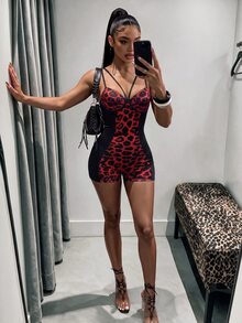 Amplova 萬聖節女款緊身鋼圈連身褲，交叉肩帶黑色豹紋性感Y2K風格，聚酯纖維亮面緞面貼身連身褲，適合夜店夏季穿著 - 黑色 - 查看 2