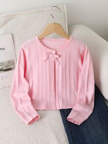 SHEIN Tween Girl' Cardigan, Bow Detail Versatile Stylish Long‑Sleeve Sweater, Single Piece - Pink - View 1
