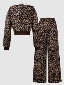 SHEIN Teen Girls Leopard Print Zip-Up Hoodie & Wide Leg Pants 2 Pieces Set, Casual Sporty Back To School Outfit, Fleece-Lined, Keep Warm - Brown - View 2