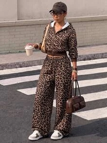SHEIN Teen Girls Leopard Print Zip-Up Hoodie & Wide Leg Pants 2 Pieces Set, Casual Sporty Back To School Outfit, Fleece-Lined, Keep Warm - Brown - View 9