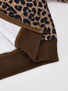 SHEIN Teen Girls Leopard Print Zip-Up Hoodie & Wide Leg Pants 2 Pieces Set, Casual Sporty Back To School Outfit, Fleece-Lined, Keep Warm - Brown - View 7