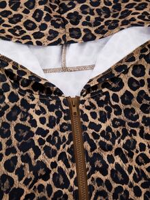 SHEIN Teen Girls Leopard Print Zip-Up Hoodie & Wide Leg Pants 2 Pieces Set, Casual Sporty Back To School Outfit, Fleece-Lined, Keep Warm - Brown - View 4