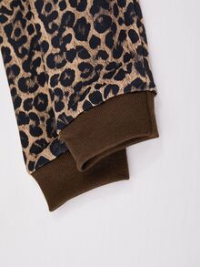 SHEIN Teen Girls Leopard Print Zip-Up Hoodie & Wide Leg Pants 2 Pieces Set, Casual Sporty Back To School Outfit, Fleece-Lined, Keep Warm - Brown - View 6