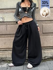Coolane Women's Solid Color Drawstring Waist Wide Leg Loose Casual Long Pants - Black - View 4