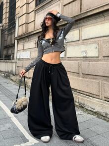 Coolane Women's Solid Color Drawstring Waist Wide Leg Loose Casual Long Pants - Black - View 8