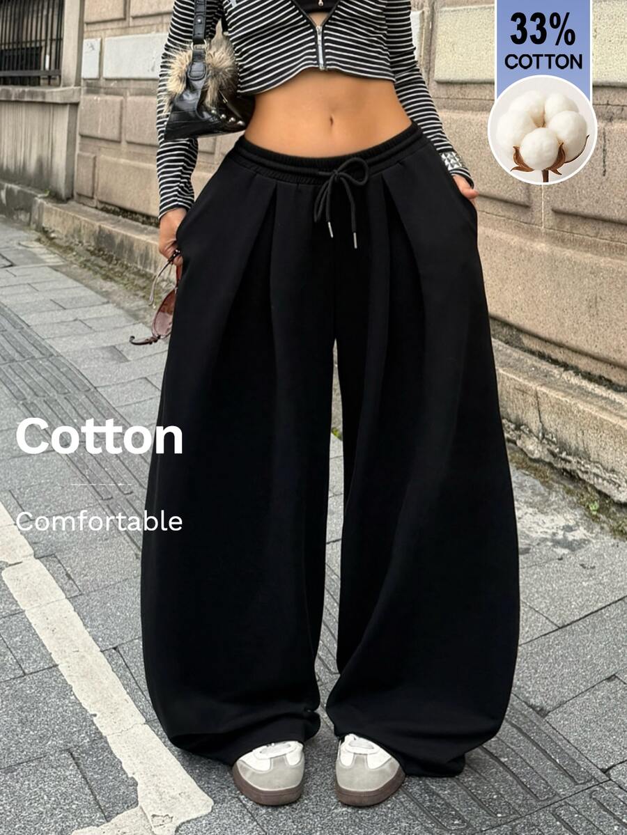 Coolane Women's Solid Color Drawstring Waist Wide Leg Loose Casual Long Pants - Black - View 1