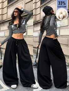 Coolane Women's Solid Color Drawstring Waist Wide Leg Loose Casual Long Pants - Black - View 2