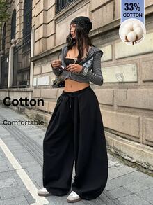 Coolane Women's Solid Color Drawstring Waist Wide Leg Loose Casual Long Pants - Black - View 6