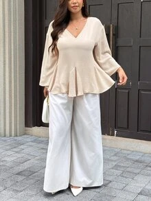 Easura Plus Size Women Gentle Minimalist Loose V-Neck Blouse, Flared Umbrella Hem Design, Commute & Home Wear Plus Size Shirt - Apricot - View 6