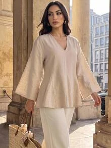 Easura Plus Size Women Gentle Minimalist Loose V-Neck Blouse, Flared Umbrella Hem Design, Commute & Home Wear Plus Size Shirt - Apricot - View 3