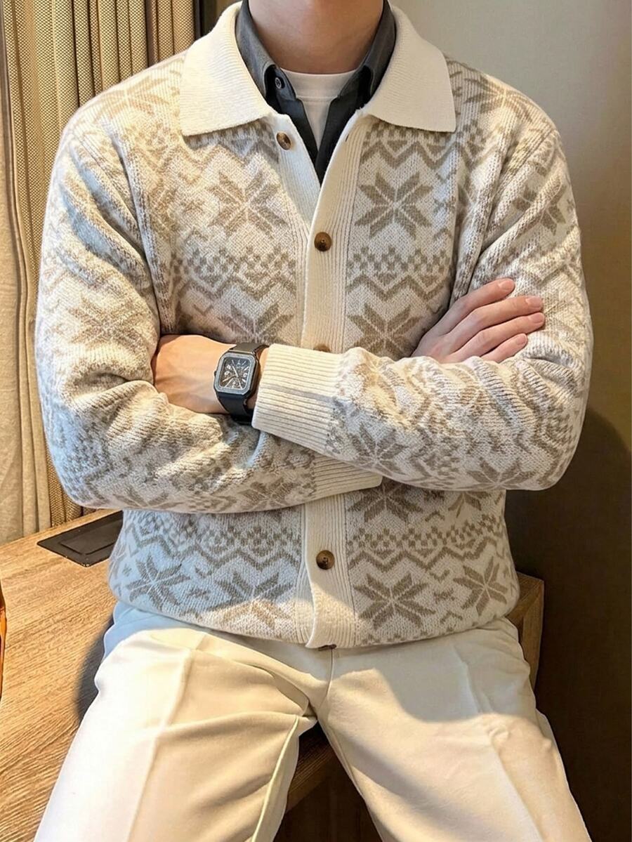 Manfinity Homme 男士休閒寬鬆緹花單排扣針織開襟衫白色襯衫 - 杏色 - 查看 1