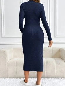 SHEIN Maternity Casual Solid Color Elegant Fitted Long Sleeve Dress For Autumn, Autumn, Fall - Navy Blue - View 2