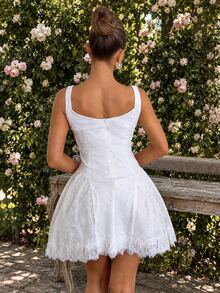 Glamine Charm Summer White Square Neck Lace Elegant Romantic Spaghetti Strap Dress Wedding Garden Party Bar Party Date Party - White - View 2