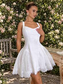 Glamine Charm Summer White Square Neck Lace Elegant Romantic Spaghetti Strap Dress Wedding Garden Party Bar Party Date Party - White - View 4