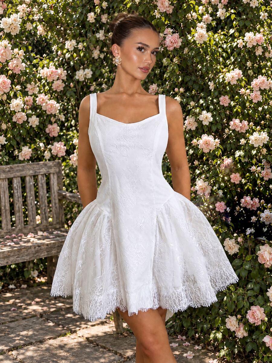 Glamine Charm Summer White Square Neck Lace Elegant Romantic Spaghetti Strap Dress Wedding Garden Party Bar Party Date Party - White - View 1