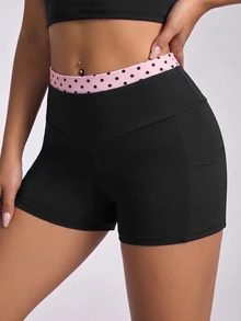 SHEIN Dewbera Women's Spring Summer Autumn Sports Shorts, 2 In 1 Waistband With Pink Base And Black Polka Dot Print, Double Layer, Short Length, Athletic Cool Gym - Multicolor - View 5