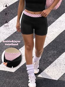 SHEIN Dewbera Women's Spring Summer Autumn Sports Shorts, 2 In 1 Waistband With Pink Base And Black Polka Dot Print, Double Layer, Short Length, Athletic Cool Gym - Multicolor - View 3