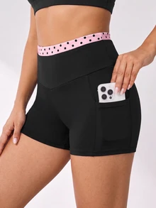 SHEIN Dewbera Women's Spring Summer Autumn Sports Shorts, 2 In 1 Waistband With Pink Base And Black Polka Dot Print, Double Layer, Short Length, Athletic Cool Gym - Multicolor - View 4