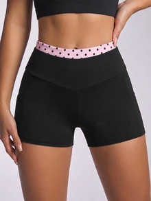 SHEIN Dewbera Women's Spring Summer Autumn Sports Shorts, 2 In 1 Waistband With Pink Base And Black Polka Dot Print, Double Layer, Short Length, Athletic Cool Gym - Multicolor - View 6