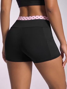 SHEIN Dewbera Women's Spring Summer Autumn Sports Shorts, 2 In 1 Waistband With Pink Base And Black Polka Dot Print, Double Layer, Short Length, Athletic Cool Gym - Multicolor - View 2