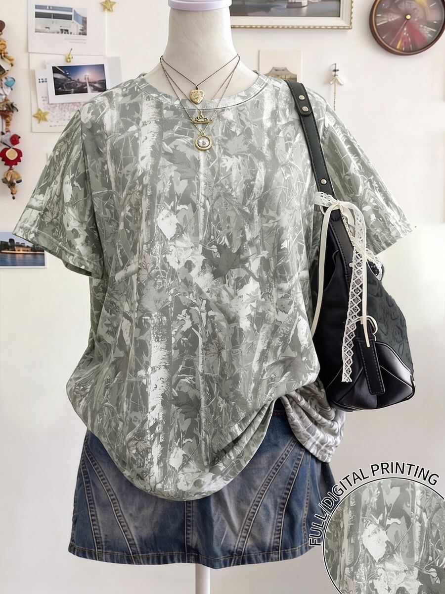 SHEIN 青少年女孩數位印花短袖T恤,秋冬休閒舒適時尚穿搭,針織、極簡、寬鬆、返校季、迷彩 - 彩色 - 查看 1