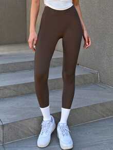 DAZY Women's Plain Color Minimalist Casual Leggings, Everyday Wear Tights School Vacation - Brown - View 2