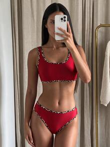 Costavie Springbreak 女款海灘派對穿搭 2026 春夏套裝 素色新款 2 件式休閒性感運動比基尼泳衣套裝 彩虹豹紋 - 紅色 - 查看 1