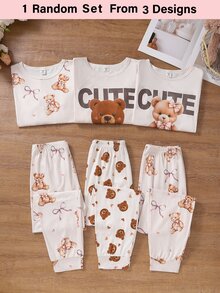 Tween Girl Bear Print Long Sleeve Top & Bear Print Long Pants Autumn/Winter Pullover Pajamas Homewear, Random 1 Set - Multicolor - View 8