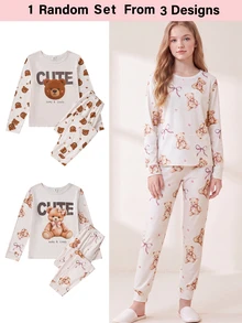 Tween Girl Bear Print Long Sleeve Top & Bear Print Long Pants Autumn/Winter Pullover Pajamas Homewear, Random 1 Set - Multicolor - View 3